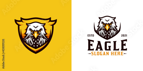 awesome head eagle mascot logo with shield for your brand, team, sport and gaming logo e sport