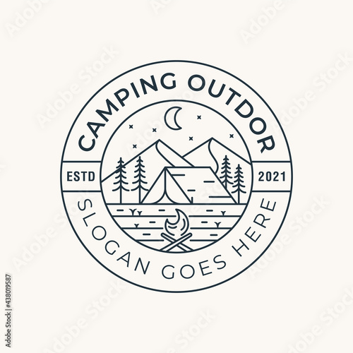 line art logos of camping hill outdoor with mountain and camp fire badge logo