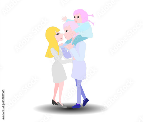 Illustration family concept. Woman and man stand looking at each other as a couple. Girl riding on father's back.