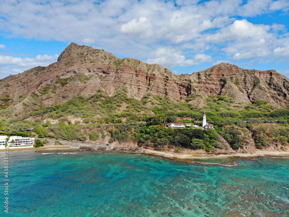 Aerial view of Diamond Head Beach and lighthouse just outside Waikiki in Honolulu on Oahu, Hawaii