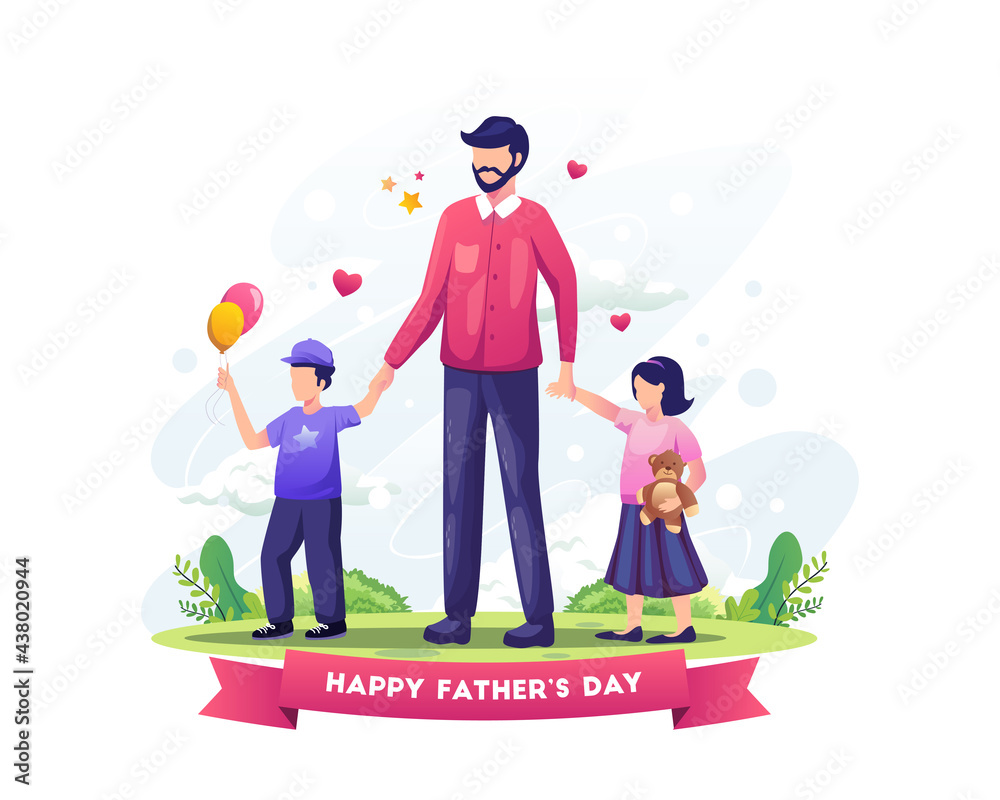 Dad celebrates father's day by taking his kids for a walk vector illustration Dad celebrates father's day by taking his kids for a walk vector illustration