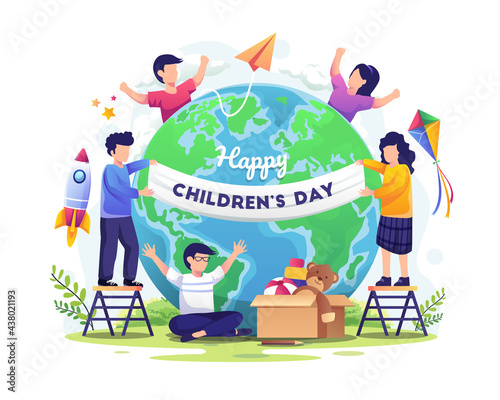 World Children's day with happy kids around the world and engaged in decoration vector illustration