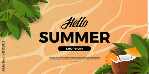 hello summer banner poster with tropical leaves with coconut drink and sand background