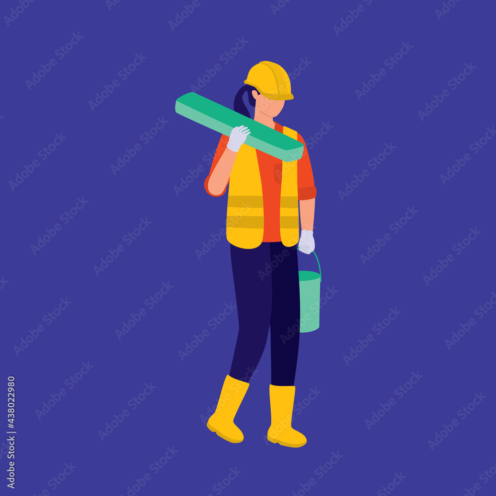 Construction Woman Carrying Wooden Plank On Shoulder. Industrial And Manufacturing Occupation.