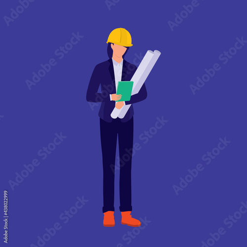 Woman Architect With Blueprints Working With Tablet. Architectural And Engineering Occupation. Female Construction Engineer.