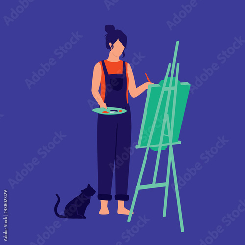 Woman Artist Drawing On Canvas With Easel. Creative Occupation. Female Painter.