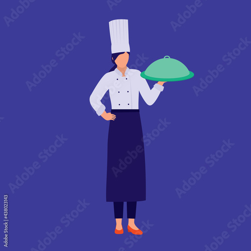Woman Chef With Hat And Apron Holding Cloche. Food Occupation. Domed Tray.