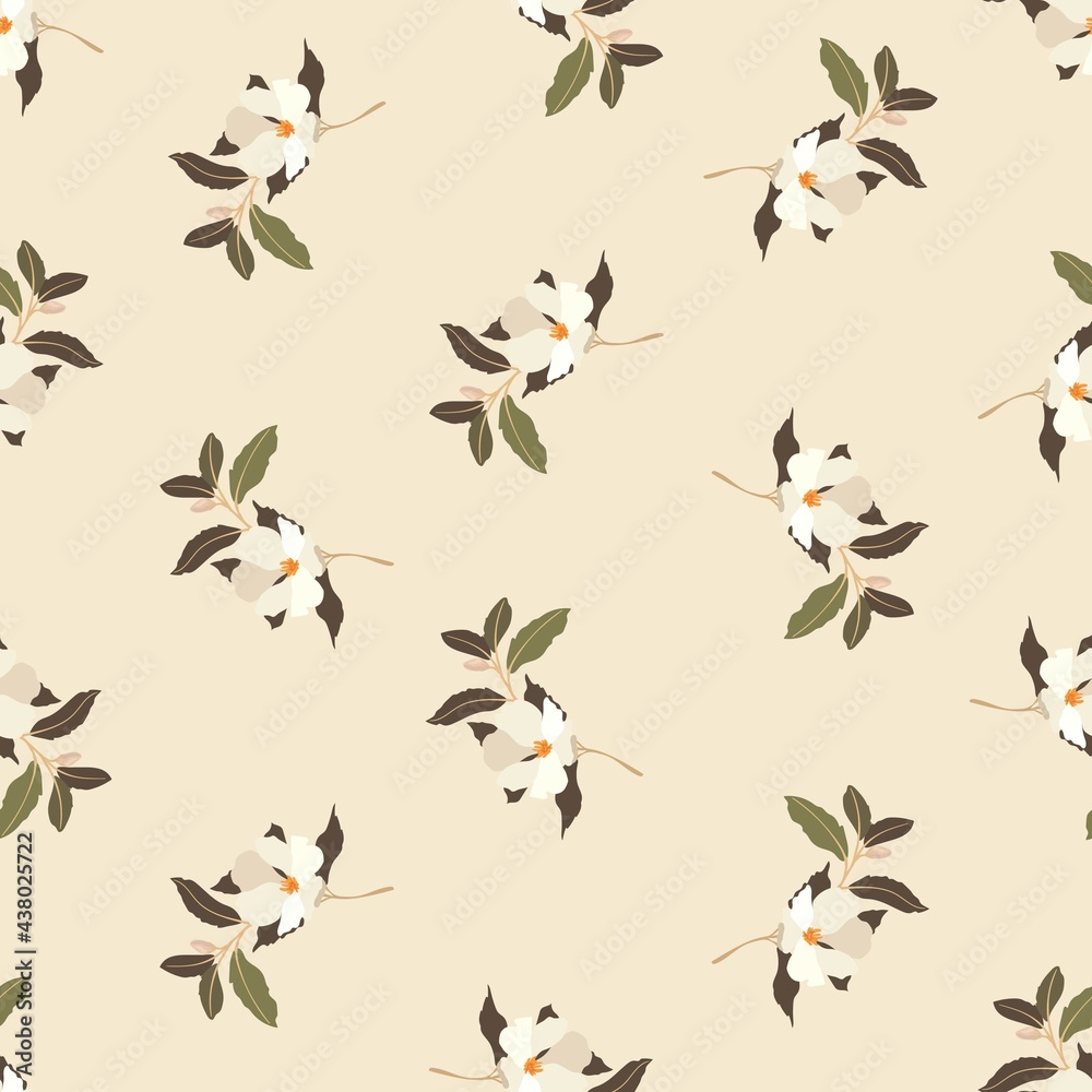 Vintage flowers. Seamless pattern. A branch of a blossoming tree. Flat vector isolated illustration. Pastel colors.