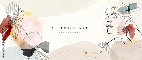 Abstract art botanical background vector . Luxury wallpaper design with women face, leaf, flower and tree  with earth tone watercolor and gold glitter. Minimal Design for text, packaging and prints.