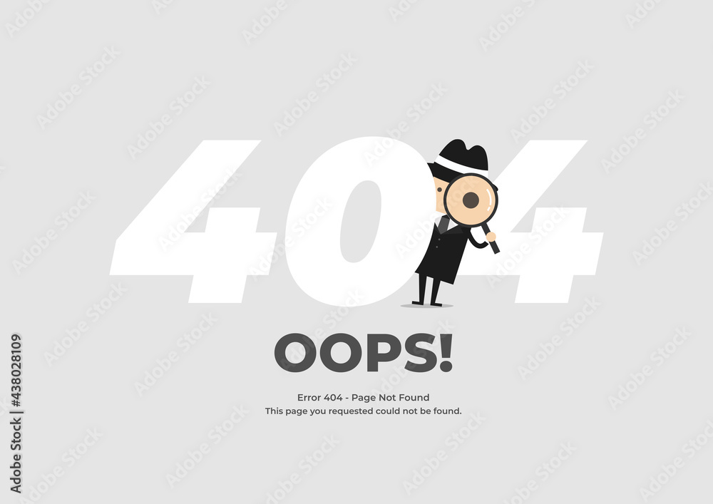 Detective holding a magnifying glass behind 404 text. Error 404 page not found. System maintenance.