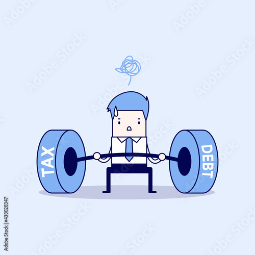 Businessman lifting tax and debt weights. Cartoon character thin line style vector.