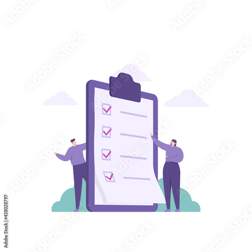 opinion concept, survey, election, or questionnaire. illustration of a person filling in or answering a question by checking a box on a question paper pasted to the board. flat style. vector design