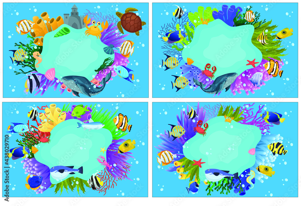 ocean frame set for decoration. oral reef, underwater sea life vector ...