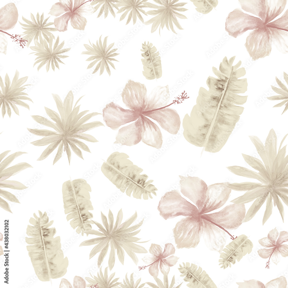 Gray Seamless Botanical. White Pattern Textile. Brown Tropical Art. Banana Leaves. Flower Texture. Floral Exotic. Watercolor Palm. Decoration Art.