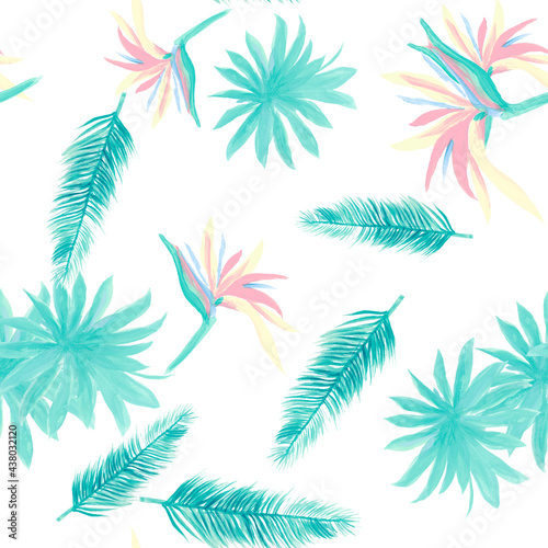 Navy Pattern Palm. Blue Seamless Design. Azure Tropical Botanical. Cobalt Flower Exotic. Indigo Floral Vintage. Wallpaper Nature. Decoration Nature. © Surendra