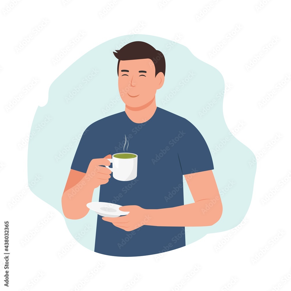 Young man drinks green matcha tea. Matcha latte healthy drink. Japanese tea culture. Asian culture. Boy with cup drink healthy herbal beverage. Relaxion, meditation.Cartoon Vector Illustration Young man drinks green matcha tea. Matcha latte healthy drink. Japanese tea culture. Asian culture. Boy with cup drink healthy herbal beverage. Relaxion, meditation.Cartoon Vector Illustration