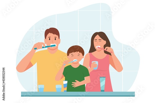 Mom,dad and son are brushing teeth together.Happy family with toothbrushes in bathroom.Daily routine dental hygiene. Vector illustration.