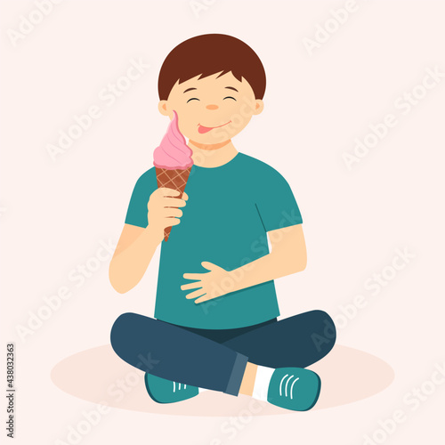 Cute boy eating an ice cream. Kid sitting and holding ice cream cone in his hand. Vector illustration isolated