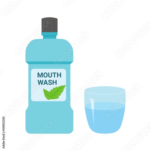 A bottle of mouthwash and a glass. Mint liquid for rinsing the mouth. Dental and oral care. Vector illustration in flat style isolated on a white background.