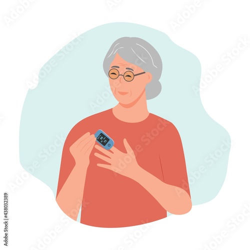 Senior woman using pulse oximeter device on finger.Pulse Oximeter with normal value. Digital device to measure oxygen saturation.  Vector illustration on white background