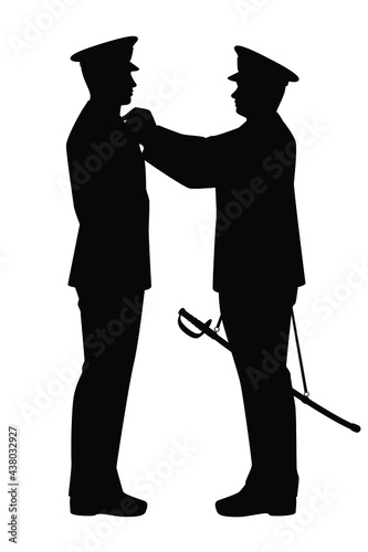 Military general give ranking promotion for his soldier silhouette vector on white background
