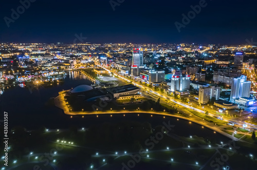 night cityscape of Minsk, Belarus, after sunset. aerial view from flying drone