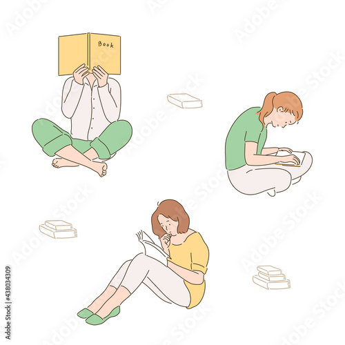 A man and a woman are sitting on the floor and reading a book. hand drawn style vector design illustrations. 