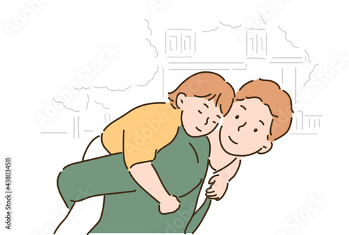 A father looks lovingly at his daughter on his back. hand drawn style vector design illustrations. 