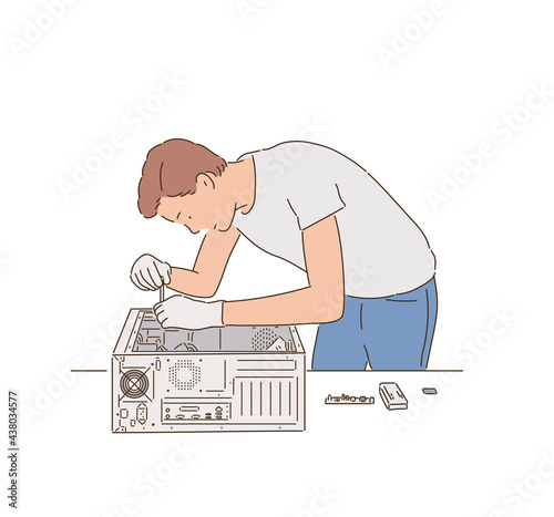 A repairman is fixing a computer. hand drawn style vector design illustrations. 