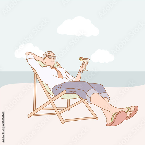 A businessman in a shirt is imagining sitting on the beach and drinking a cocktail. hand drawn style vector design illustrations. 