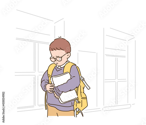 A young student with a backpack is walking to school with a sad expression. hand drawn style vector design illustrations. 