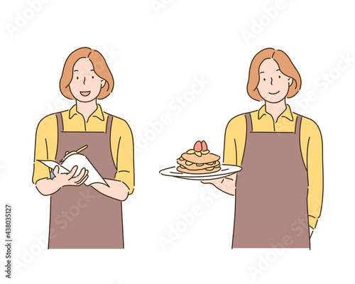 A waitress wearing an apron is serving while taking notes in a notebook or holding food in one hand. hand drawn style vector design illustrations. 