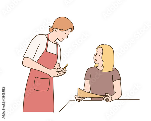 A woman is ordering food in a restaurant and a waitress is taking notes. hand drawn style vector design illustrations. 