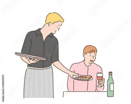 A man is drinking wine in a restaurant and a waiter is serving food. hand drawn style vector design illustrations. 