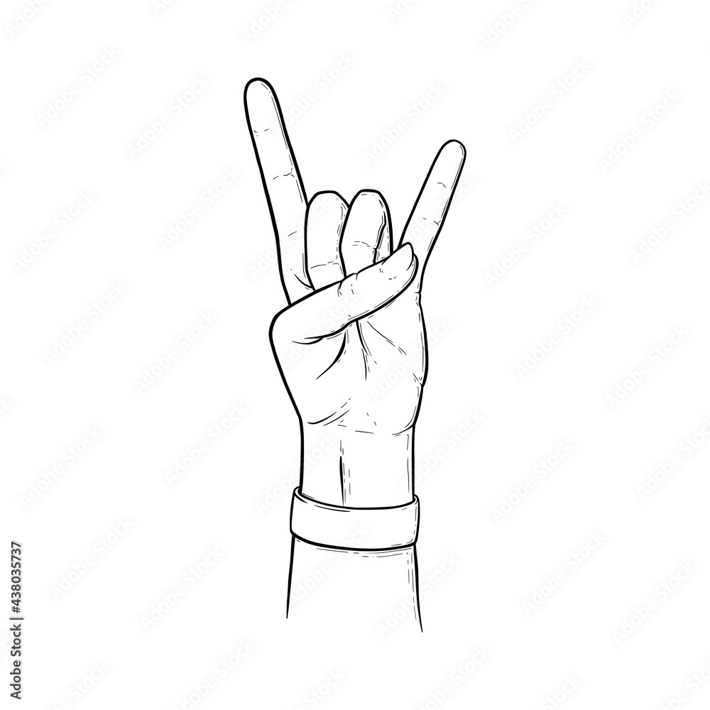 Rock sign with two fingers up. Heavy metal or rock hand gesture isolated in white background. Outline vector illustration Rock sign with two fingers up. Heavy metal or rock hand gesture isolated in white background. Outline vector illustration