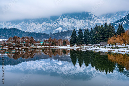A view of botanical garden with lake in winter season, Srinagar, Kashmir, India