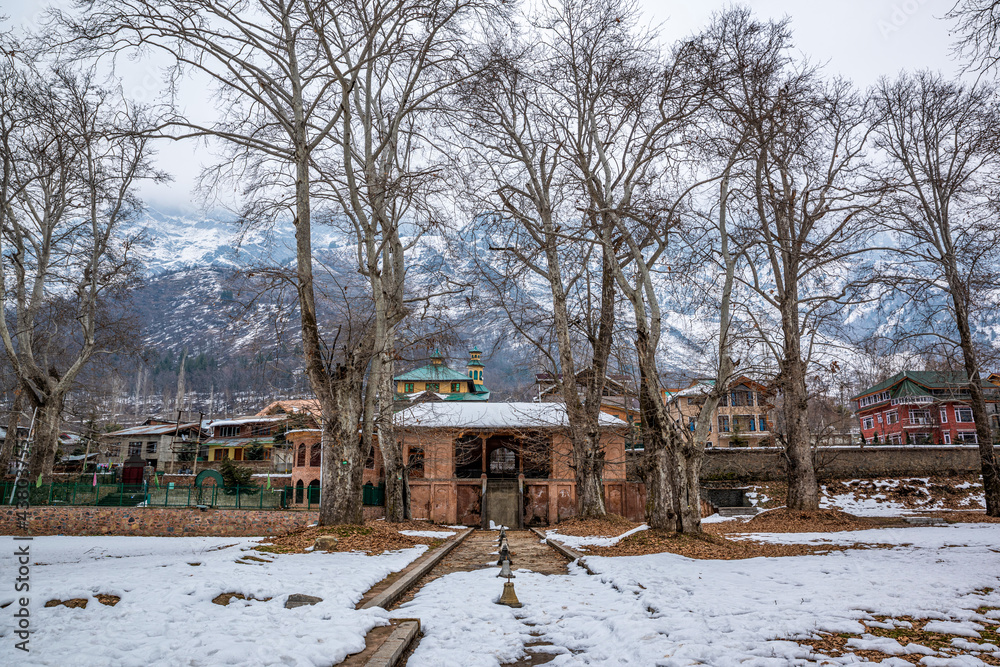 The landscape of Nishat Bagh Mughal Garden during winter season, Srinagar, Kashmir, India