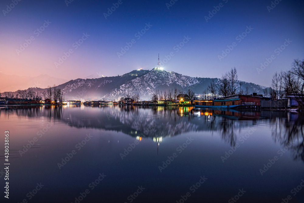 A view of Dal Lake in winter at evening, Srinagar, Kashmir, India.