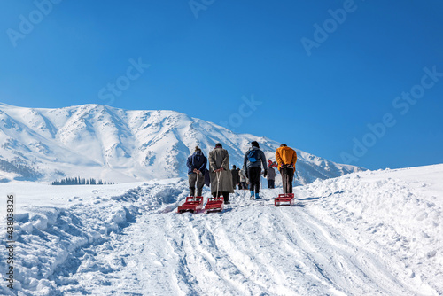 Local Kashmiri driving sledge in winter season, Gulmarg, Kashmir