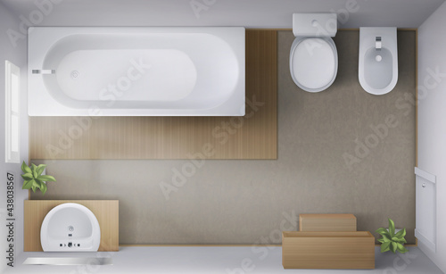 Bathroom interior top view, room with empty bath tub, toilet and bidet bowls, ceramic sink with mirror, window, rug on floor. Modern lavatory visualization, home wc, Realistic 3d vector design project