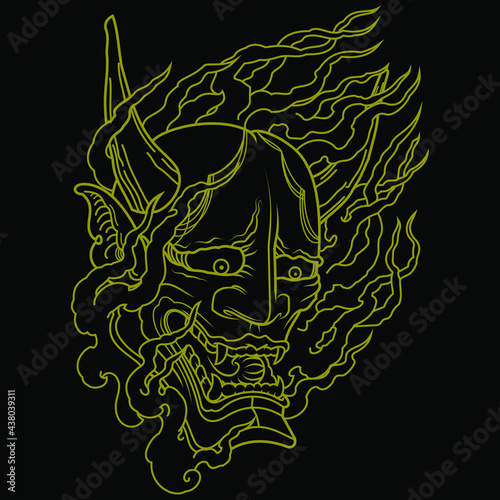 Tatto Chinese demon head with horns in line black art - vector art illustration