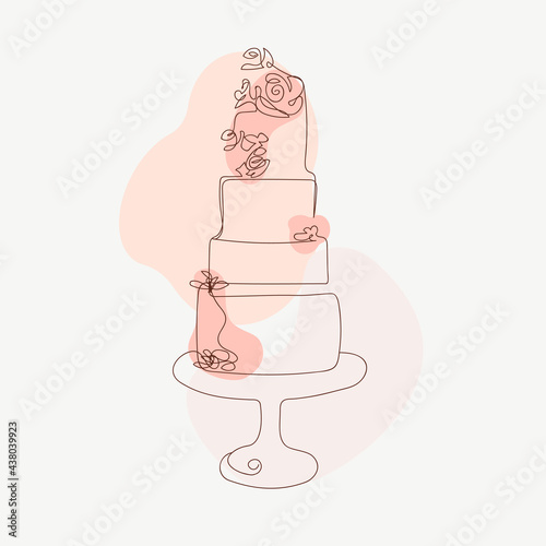 One line art illustration of a wedding cake with flowers