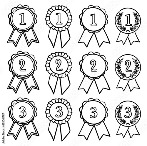 A set of twelve doodle medals for first, second and third place in the competition. Black and white vector illustration. Hand-drawn icons.