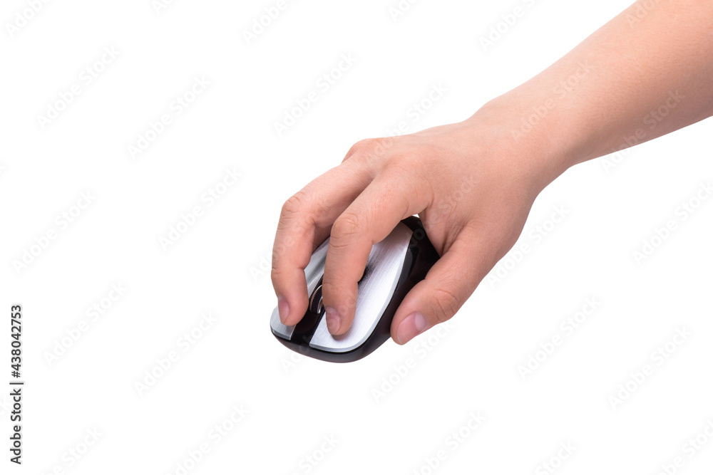 Hand holds computer mouse isolated on white background. Hand holds computer mouse isolated on white background.