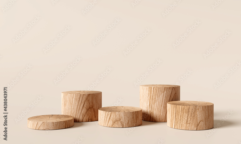 Wooden podium, Cosmetic display product stand on brown background. 3D rendering - obrazy, fototapety, plakaty 