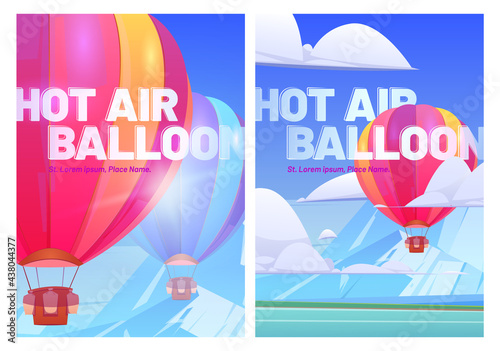 Hot air balloons fly above mountain valley with lake and green meadows. Vector posters of travel tour with cartoon illustration of flying colorful airships with baskets in sky with clouds