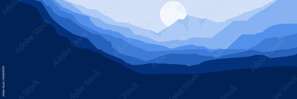 moonrise in blue mountain cliff flat design vector illustration for wallpaper, background, design template, tourism design template, and adventure backdrop design