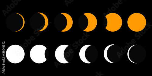 Yellow and white moon different phases on dark blue background flat vector icon.