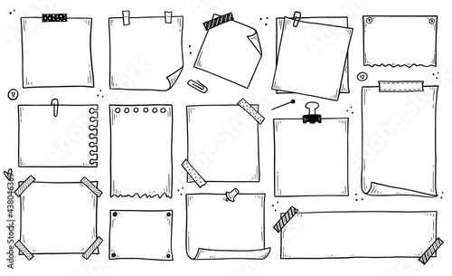 Hand drawn set of paper memo sticky. Doodle sketch style. Reminder paper sticker for pin notice, text. Vector illustration.