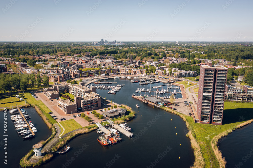 Harbor in Almere Haven - oldest district in the suburban city of Almere, Flevoland, The Netherlands